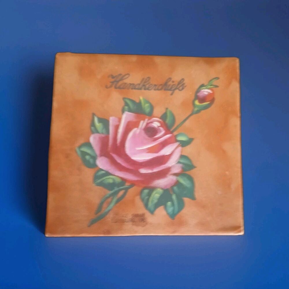 Vintage Handkerchiefs Souvenir Leather Box 1930s Hand Painted Rose